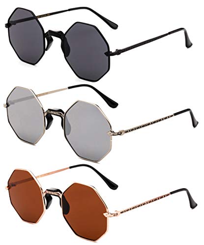 3 Pack Octagon Metal Frame Comfort Plastic Nose Bridge Fashion Sunglasses for Women for Men2