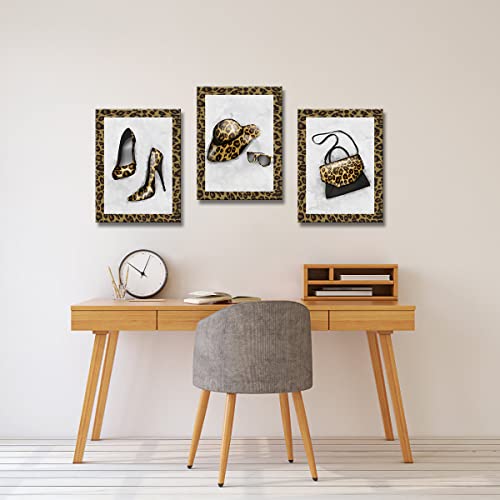 Tiuauit 3 Pieces Fashion Leopard Print Canvas Wall Art High Heels Bag Sunglass Prints On Grey Background Chic Gift For Girl Woman Framed Easy To Hang 12"X16"X3Pcs #TOP4