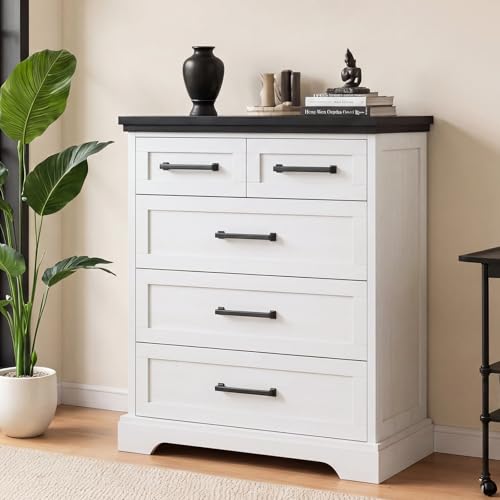 Image of 5 Drawer Dresser for Bedroom, Chest of Drawers with Modern Farmhouse Style, Wood Structure Storage Dresser with Metal Slides, Anti-Tipping Kit and Industrial Decor for Bedroom, Living Room