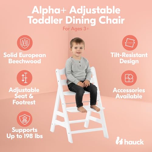 Image of Hauck Alpha+ Grow Along Adjustable Wooden High Chair Seat w / 5 Point Harness & Bumper Bar for Baby & Toddler Up to 198 lbs, Beechwood, White
