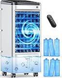 CENSTECH Windowless Portable Air Conditioners w/6Ice Packs, 4Modes&3Speeds, 600Sq.ft Swamp Cooler, Dual Tank for 15H Cooling, 12H Timer, 26Ft Remote, 65°Swing Evaporative Air Cooler for Bedroom Indoor