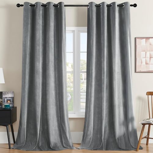 Joydeco Dark Grey Velvet Curtains 84 Inches Long, Luxury Grommet Blackout Curtain 2 Panels, Thermal Insulated Privacy Room Darkening Window Drapes for Bedroom Living Room Home Theatre (52Wx84L)