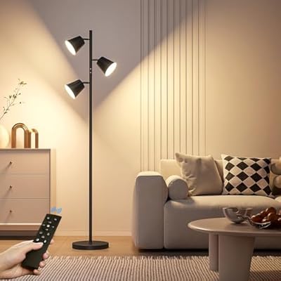 2024 New LED Tree Floor Lamp, 36W Dimmable 2500 LM Modern Standing Lamp with Remote & Touch Control, 4 Color Temperatures, 3 Rotatable LED Light Floor Lamps for Living Room Bedroom Office-Matte Black