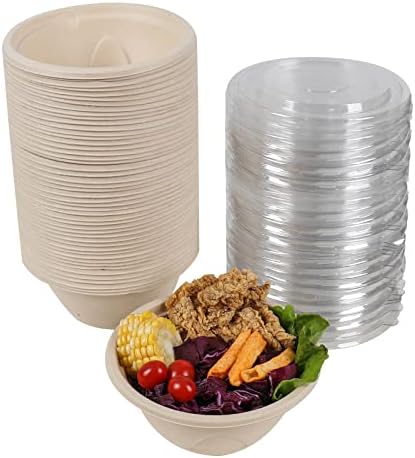 33OZ Round Disposable bowls with lids, Sugarcane Fiber Paper Bowls take away food containers Eco-friendly Plant Fibers Microwave & Freezer Safe 50 PACK