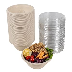 33OZ Round Disposable bowls with lids, Sugarcane Fiber Paper Bowls take away food containers Plant Fibers Freezer Safe 50 PACK