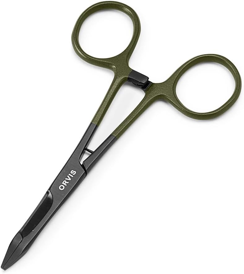 Orvis Flow Scissor Forceps Multi‑Function Fly Fishing Tool with Scissors and Eye Cleaning Needle, Compact Locking Clamp, Black Olive