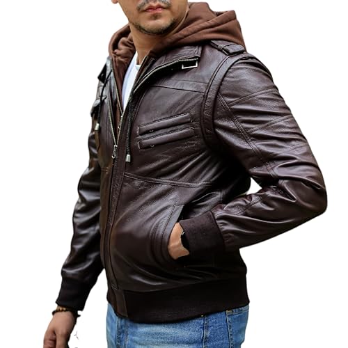 Jild Hoodie 2.0 Leather Jacket Men - Lambskin Leather Bomber Jacket with Removable Hood & Sleeves - Genuine Leather Mens Vest (Pub.M-Brn-S)