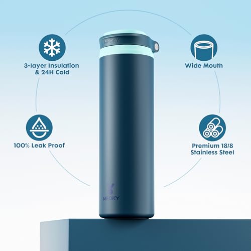 Image of Meoky 24 oz Insulated Stainless Steel Water Bottle: Flip-to-Pop Straw, Leak Proof, 24H Cold, Wide Mouth, BPA-Free, Non-slip Base, Gym Water Bottle for Men Teen Boys, Denim