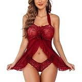 BKEPDY Negligee Damen Sexy Reizwäsche Set Nachthemd Damen Sexy Body Suit Spitze Lingerie Women Sexy BH Mit Bügel Sexy Kleid Desouses Für Frauen Erotische Unterwäsche(Weinrot/XL)