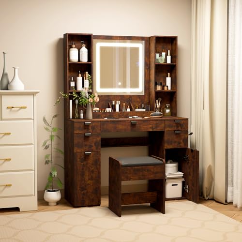 Vanity with Mirror and Lights, Makeup Vanity Table Set, Dressing Table, Large Wood Vanity with Chair, Touch-Sensitive Dimmable Mirror, Shelves and Drawers. Industrial Style Vintage Brown - Image 8
