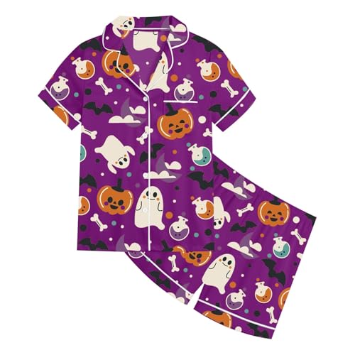 Satin 𝑷ajamas for Girls Halloween Pumpkin Ghost Print 𝑷js 2 Piece Short Sleeve Button Down Shirt and Shorts Outfit3