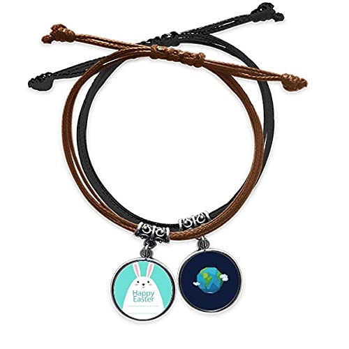 Pulsera cuerda mano conejo Pascua cuero azul trenzada ajustable