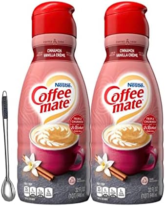 Coffee Mate Cinnamon Vanilla Creamer Bundle. Includes Two (2) 32 fl oz bottle of Coffee Mate Cinnamon Vanilla Coffee Creamer And (1) BVOJ SALES Stainless Steel Coffee Stirrers Included In Every Order