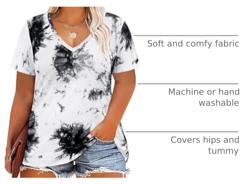 Image of RITERA Women Plus Size Tops Tie Dye V Neck Shirt Floral Camo Summer Short Sleeve Tunic Oversized Ladies Blouse XL-5XL