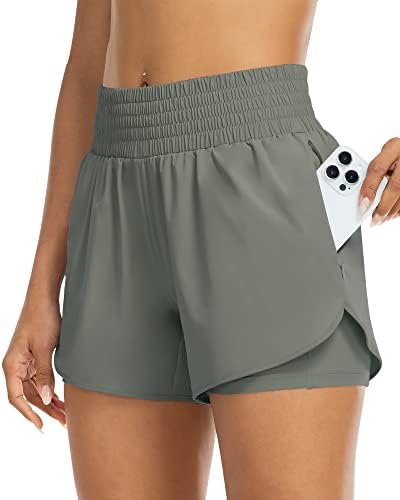 YEZII Womens High Waist Running Shorts Athletic Workout Quick Dry Shorts for Women with Pockets Gym Yoga White Summer Shorts Army Green-M