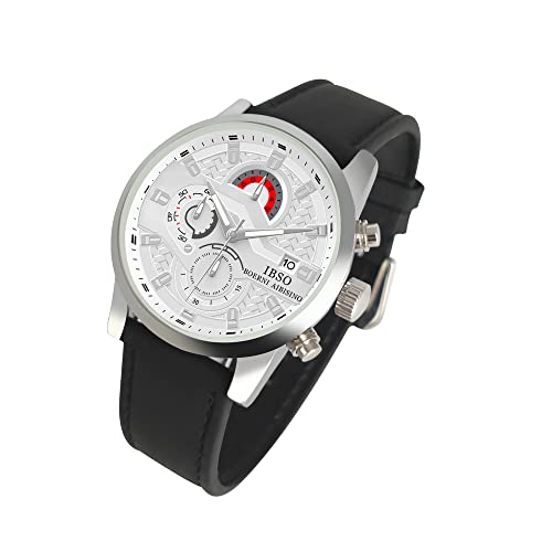 Ibso Boerni Aibisino Mens Watch Casual Sports Watches Chronograph Waterproof Calendar Leather Band Fashion Quartz Wrist Watches For Boy (White) #TOP1