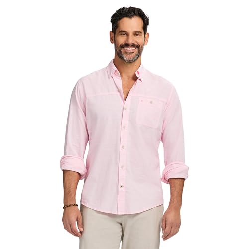 Izod Men's Saltwater Dockside Chambray Short Sleeve Button Down Shirt, Peony, XX-Large
