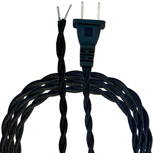 Royal Designs, Inc. CO-6001-BLK-8-1 Twisted Rayon Lamp Cord with NEMA-15P Plug, Stripped Ends Ready for Wiring, SPT-1 UL Listed, 8 feet, Black