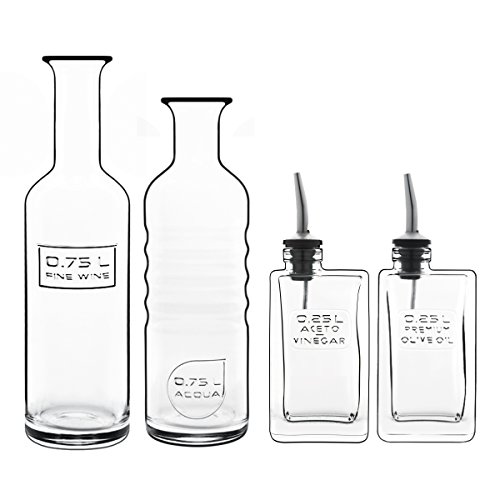 Luigi Bormioli - Optima Eco-consapevole Set da portata - Acqua, vino, olio e aceto, bottiglie di vetro riciclabili, set di 4, 2 x 750 ml, 2 x 250 ml