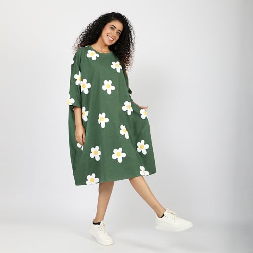 Image of LAMA STORE Women's Printed Oversized T-Shirt Dress, Cotton, 3 /4 Sleeve Length, Casual Loose Fit, Comfort Wear Extra Comfy Oversized Printed Pocket T-Shirt Dress