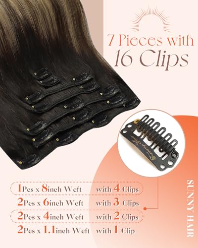 Image of Sunny Hair Clip in Hair Extensions Real Human Hair Black Brown 135g 18inch | Human Hair Extensions Clip Ins Natural Black Balayage Brown Mix Caramel Blonde, Fuller Volume for Office Styling