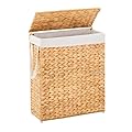 LGENHOOM Handwoven Slim Laundry Hamper with Lid, 75L Natural Water Hyacinth Basket and Handles, Narrow Laundry Basket with Removable Liner Bags & 2 Mesh Bags