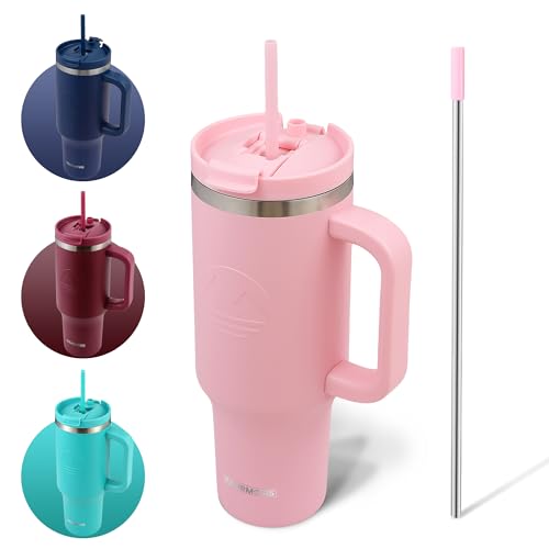 FAHRMOSIS 40 Oz Tumbler with Handle and Straw Insulated Cup that Fits in Cup Holder for Hot & Cold Drinks Leak Proof Tumbler with Straw Stainless Steel Travel Mug for Men & Women - Pink