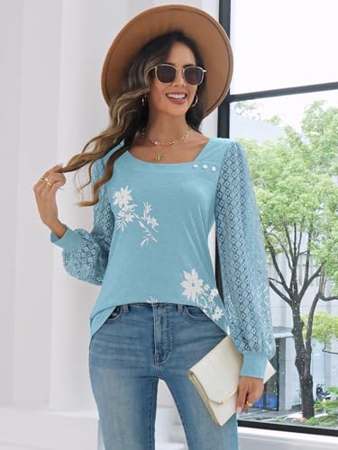 Womens Lace Sleeve Tops Fall Shirts Casual Loose Square Neck Button Blouses2