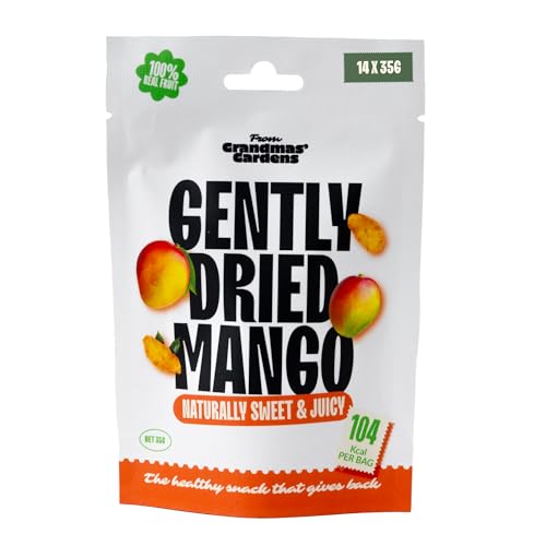 Dried Mango - From Grandmas Gardens | 100% Natural No Added Sugar | Gently Dried Sweet & Juicy | 14x35g | Lunch box Snacks Fruit Snacks | Rich in Vitamins | GMO-Free & Preservative-Free