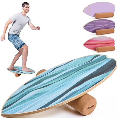 POWRX Surf Balance Board Holz/Balance Skateboard inkl. Rolle - Koordinationstraining f&uuml;r Surfbrett, Surfboard, Skateboard, Sport Balance Board, Kraft- und Gleichgewichtstrainer Indoor und Outdoor