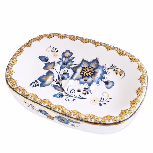 Self Draining Soap Dish, Double-layer Bar Soap Tray, White Ceramic Soap Dish with Elegant Patterns (Style D)