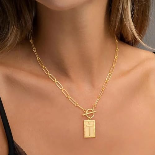 Cross Pendant Paperclip Chain Necklace, 14K Gold & Silver Plated, Unisex, Waterproof and Sweat-Resistant, Fade-Proof,Fashion Religious Simple Jewelry Gift4