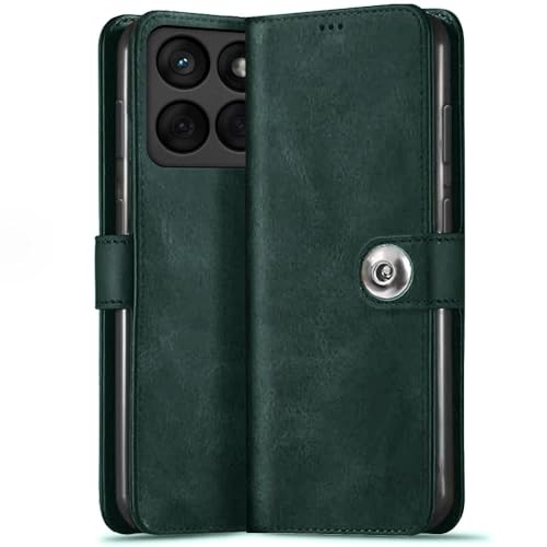 Image of TheGiftKart Flip Cover Back Case for Motorola Moto Edge 60 Fusion 5G / Moto Edge 60 5G | Genuine Leather Finish | Designer Button | Inbuilt Pockets & Stand | Flip Back Cover Case (Faux Leather, Green)
