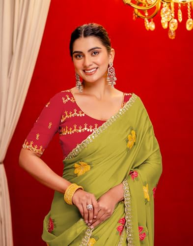 Image of SIRIL Women's Embroidery, Mirror Work, Scalloped Border Shimmer Georgette Saree With Unstitched Blouse Piece