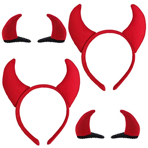 Halloween Devil Headband Hair Clips Devil Horns Ears Hair Hoops Barrettes Red Fluffy Headpiece Hairband Hair Bands Hair Pins Hairpin Women Party Decoration Cosplay Costume Hair Accessories 4 Pack
