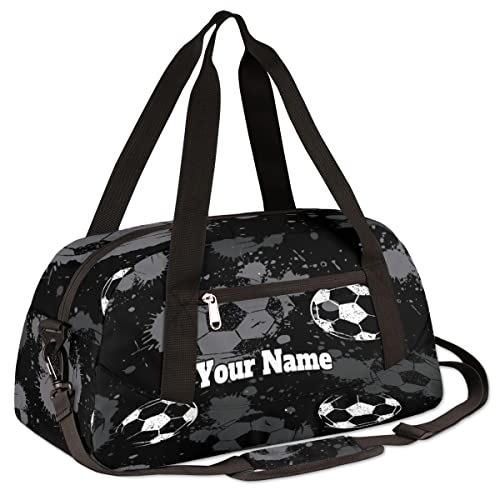 Custom Your Name Black Soccer Football Personalized Text Gym Duffle Bag for Kids,Sports Bag for Teens Boys & Girls Small Waterproof Overnight Weekender Carry School Practice Travel Bag3