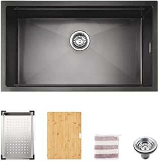 TORVA Undermount Kitchen Sink 1.2mm Gunmetal Black Ceramic Nano Coating, Single Bowl Workstation Sink with Chopping Board and Drainer,Stainless Steel Sink 760 x 450 x 230 mm
