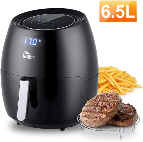 Foto von Heißluftfritteuse, Uten 6.5L Airfryer XXL Heissluftfriteuse mit digital LED-Touchscreen, 8 programmens, Vorheizen & Warmhalten, Antihaft-Bratkorb, ohne Fett,1800W