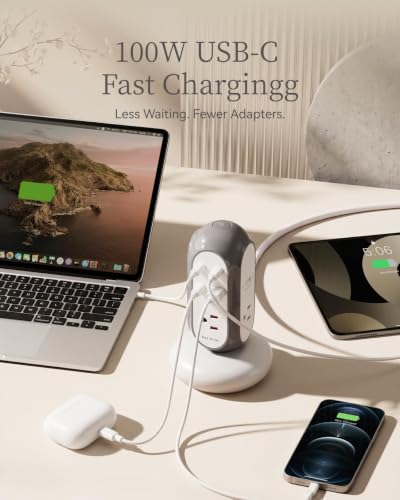 MiaoLab Torre Multitomas USB-C de Carga Rápida 7-en-1 100W, Estación de Carga de Escritorio con 3 USB-C, 1 USB-A y 3 Tomas AC, Protector Contra Sobretensión 1420J y Protección Contra Sobrecarga con Cable de Extensión Resistente miniatura 3