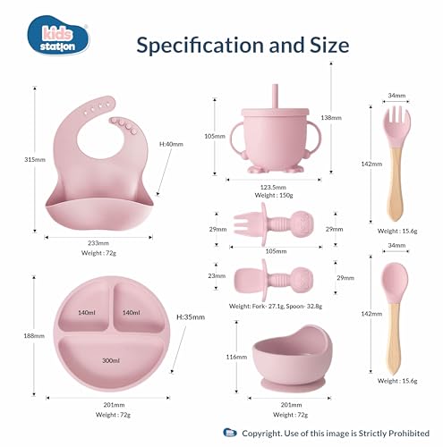 Image of Kids Station 8-Piece Silicone Baby Feeding Set | Suction Bowl, Plate, Bib, Cup, Spoon & Fork | 100% Food Grade BPA-Free Silicone | Non-Slip, Easy to Clean (Pack of 8, Pink)