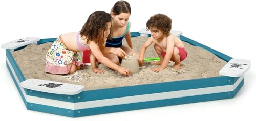 Costzon Sandbox, 49.5” x 49.5” Cedar Wood Sand Pit w/ 4 Built-in Corner Seating for Children Outdoor Play in Backyard Lawn Garden Beach, Sand Box for Kids
