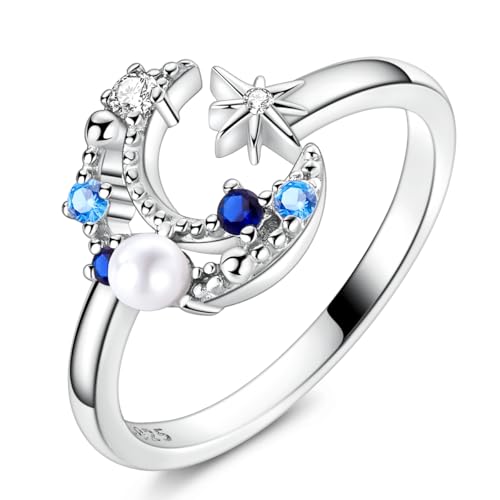 Bague femme argent S925 croissant de lune et perle idée cadeau