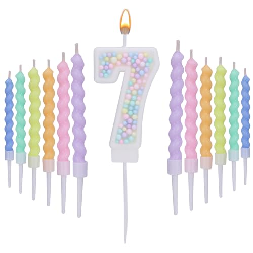 Number 7 Birthday Candles for Cake with 18 Pieces Spiral Candles with Macaron Pastel Rainbow Pink Cake Toppers for Girls Happy Birthday Party Decorations