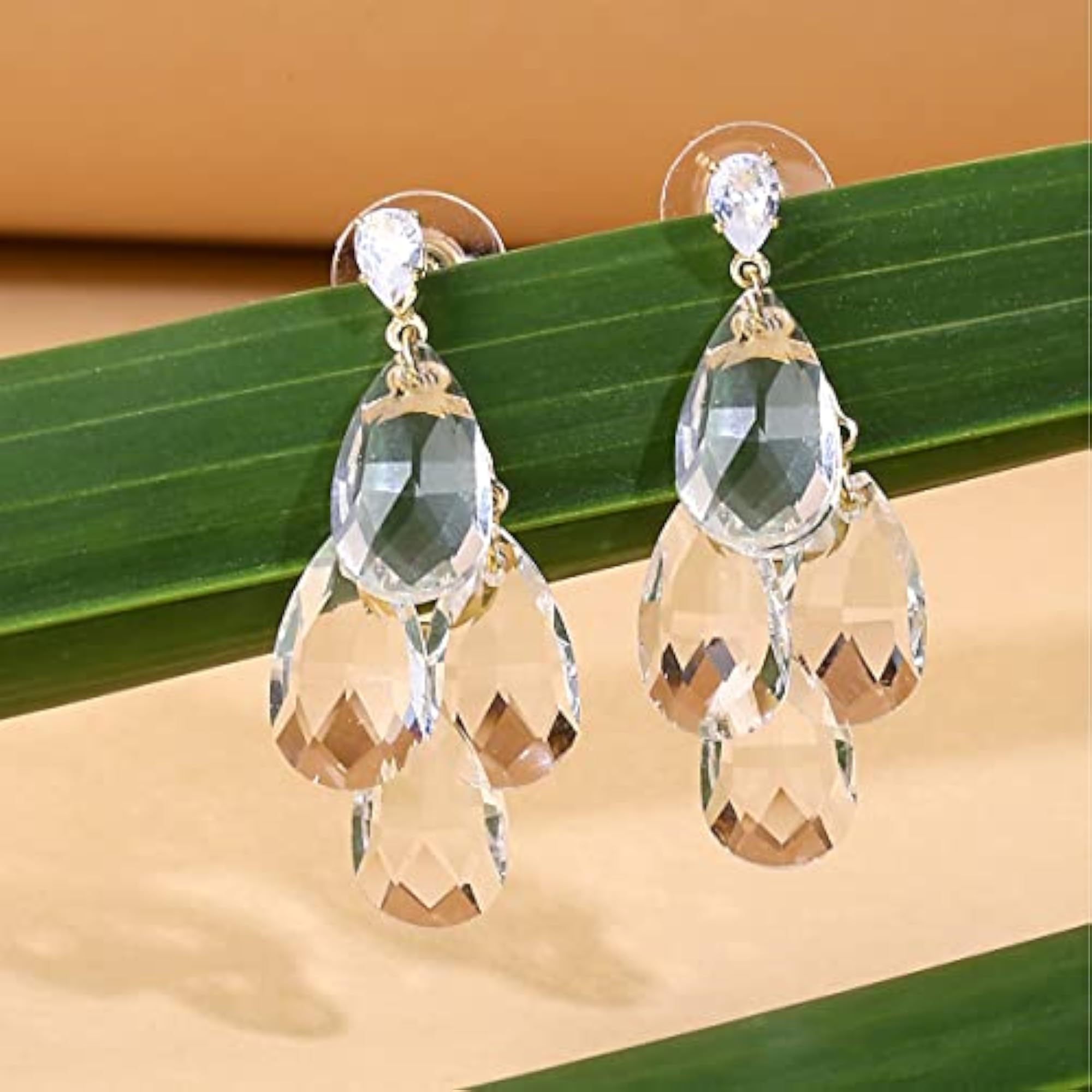 Women's Clear Crystal Studded Teardrop Shape Dangle Drop Earrings