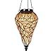 Exhart Amber Solar Lantern – Glass Tear-Shaped Hanging Lantern – Teardrop Glass Ceiling Lantern Hangs in a Metal Cage w/ 12 Blue LED Firefly Solar Lights 7