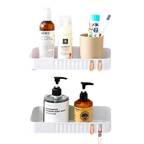 Étagère de Salle de Bain Blanche sans Perçage, Étagère de Douche. Organisateur de Rangement en Plastique pour Salle de Bain, Cuisine, Toilette. Étagère Adhésive avec 2 Crochets (2 Étagères)