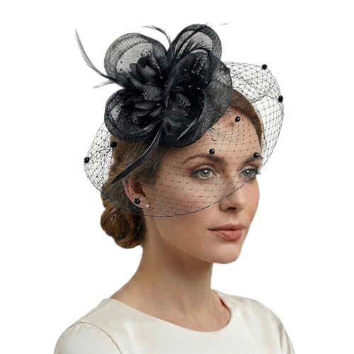YANFALE Fascinators for Women Wedding Hair Accessories Fascinator Headband Clip with Feather Flower Mesh for Ladies Race Royal Ascot Cocktail Tea Party Headwear (Black)