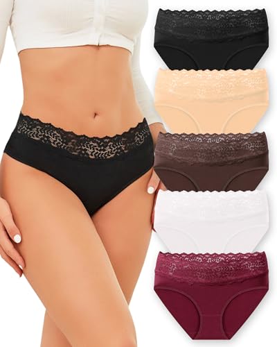 ROSYCORAL Cotton Underwear for Women Lace Trim Briefs Soft Low Rise Ladies Stretchy Hipster Bikini Panties 5 Pack