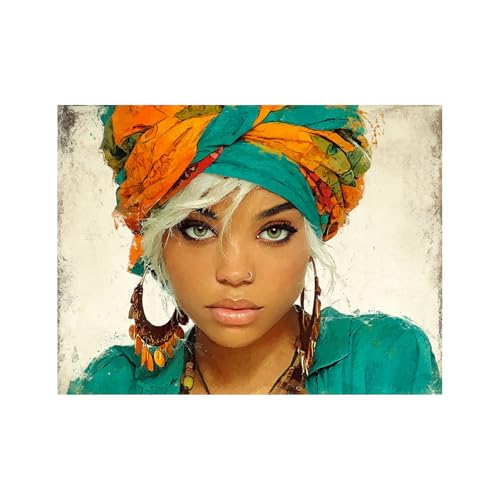 Tableau femme africaine coloré 70x100cm en toile orange pour la décoration murale du salon