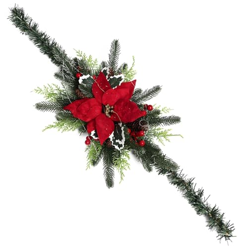 Guirnalda de pino LED preiluminada, 31.5 x 13.8 pulgadas con 20 LED, flores de Pascua rojas y bayas esmeriladas, para buzón, valla, barandilla, decoración de vacaciones al aire libre